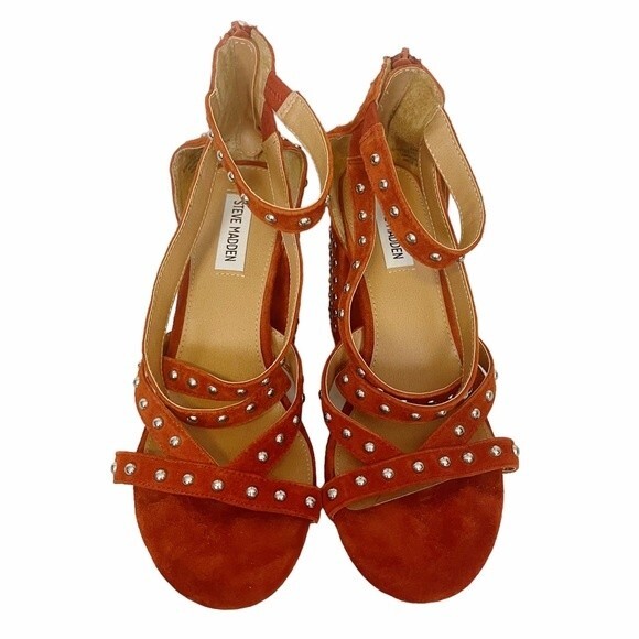FARA-S Steve Madden Studded Rust Orange Suede Chunky Block Heel Strappy Sandal - Picture 11 of 15